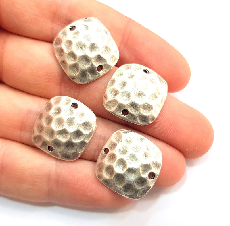 4 Silver Charms Antique Silver Plated Hammered Pendants  (20mm) Antique Silver Plated Metal  G12667