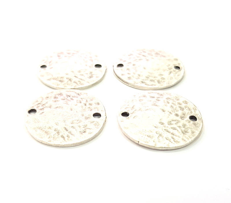 4 Hammered Round Charm Connector Silver Charms Antique Silver Plated Metal (20mm) G11809