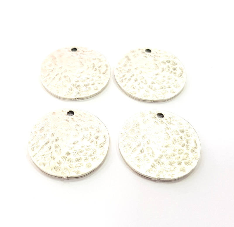 4 Hammered Round Charm Connector Silver Charms Antique Silver Plated Metal (20mm) G11814