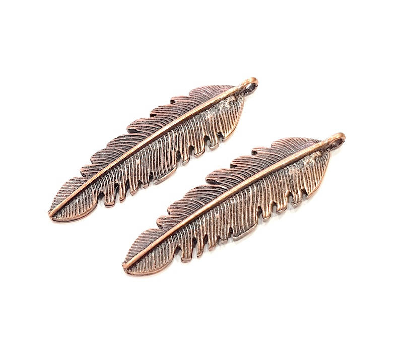 2 Copper Color Feather Charm Antique Copper Charm Antique Copper Plated Metal  (50x14mm) G11850