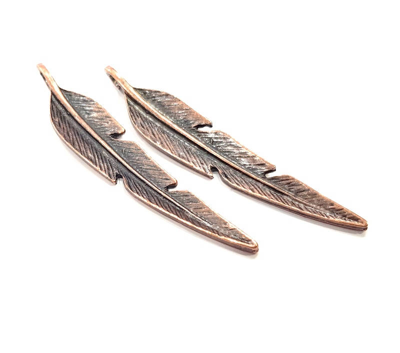 2 Copper Feather Charm Antique Copper Charm Antique Copper Plated Metal  (66x12mm) G11852