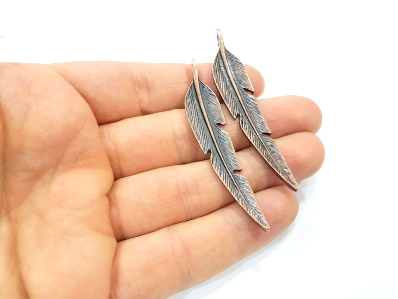 2 Copper Feather Charm Antique Copper Charm Antique Copper Plated Metal  (66x12mm) G11852