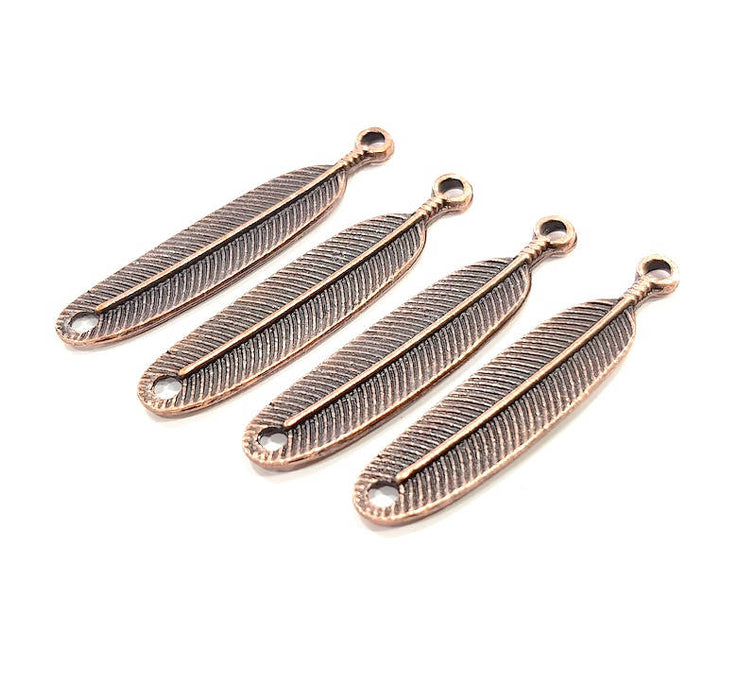 4 Copper Feather Charm Antique Copper Charm Antique Copper Plated Metal  (43x9mm) G11856