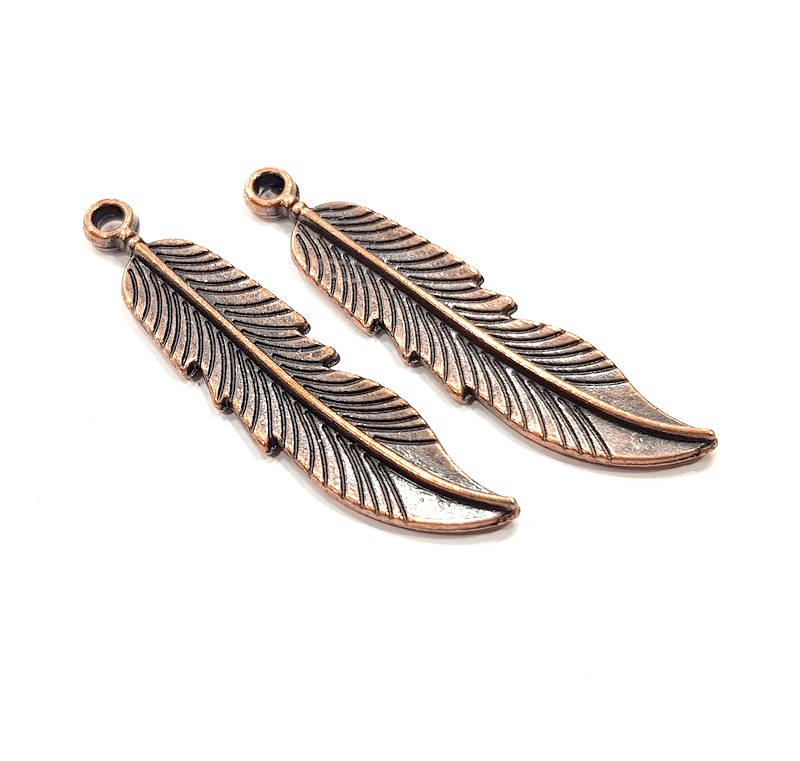 4 Copper Feather Charm Antique Copper Charm Antique Copper Plated Metal  (44x10mm) G11857