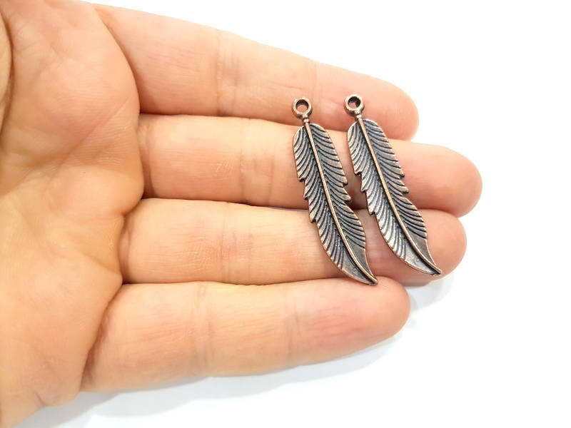 4 Copper Feather Charm Antique Copper Charm Antique Copper Plated Metal  (44x10mm) G11857