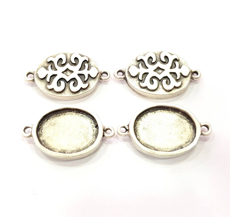 4 Silver Connector Pendant Blank Bezel Base Setting inlay Blank Earring Base Resin Mountings Antique Silver Plated (20x15 mm blank)  G11969