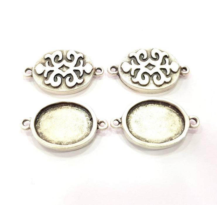 4 Silver Connector Pendant Blank Bezel Base Setting inlay Blank Earring Base Resin Mountings Antique Silver Plated (20x15 mm blank)  G11969