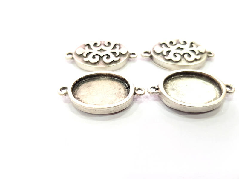 4 Silver Connector Pendant Blank Bezel Base Setting inlay Blank Earring Base Resin Mountings Antique Silver Plated (20x15 mm blank)  G11969