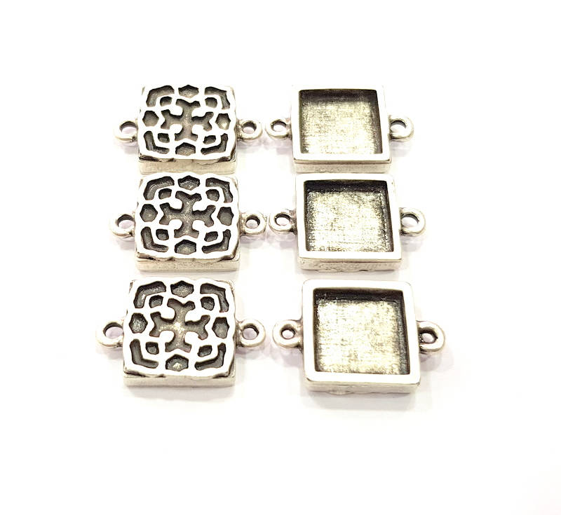 6 Silver Connector Pendant Blank Bezel Base Setting inlay Blank Earring Base Resin Mountings Antique Silver Plated (12 mm blank)  G11971