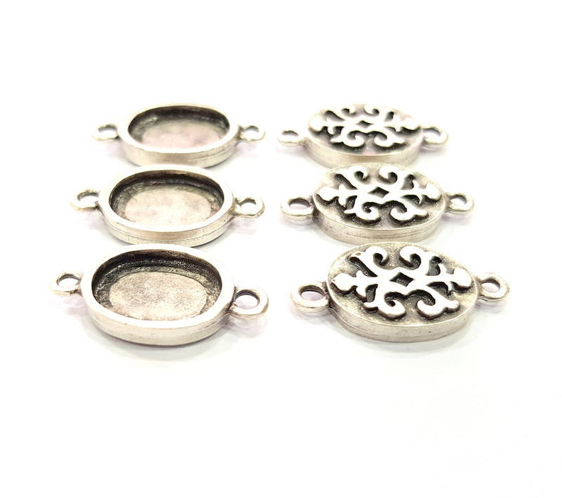 6 Silver Connector Pendant Blank Bezel Base Setting inlay Blank Earring Base Resin Mountings Antique Silver Plated (14x10 mm blank)  G11972