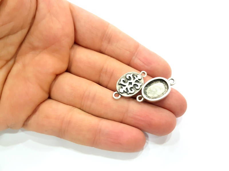 6 Silver Connector Pendant Blank Bezel Base Setting inlay Blank Earring Base Resin Mountings Antique Silver Plated (14x10 mm blank)  G11980