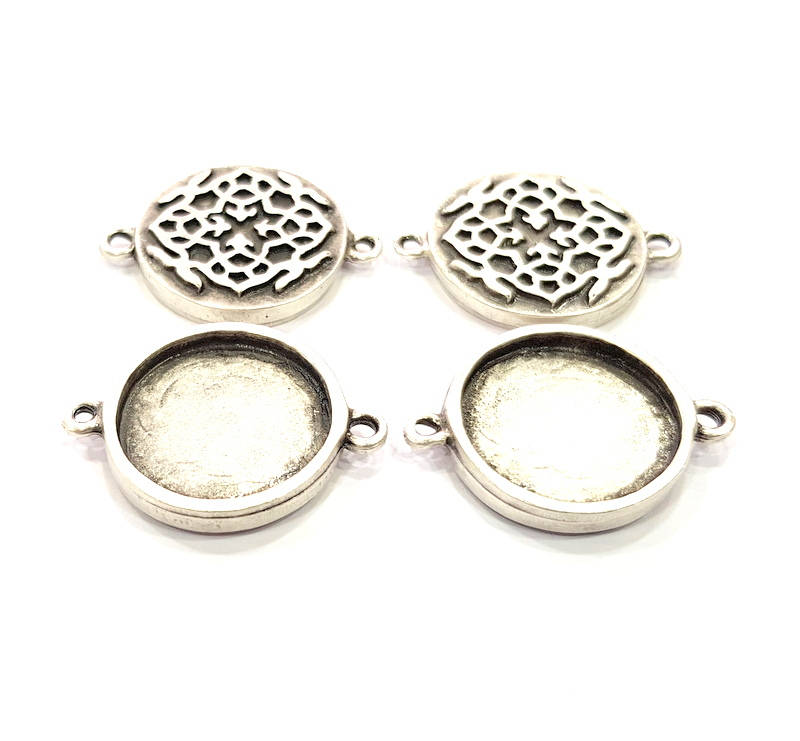 4 Silver Connector Pendant Blank Bezel Base Setting inlay Blank Earring Base Resin Mountings Antique Silver Plated (20 mm blank)  G11973