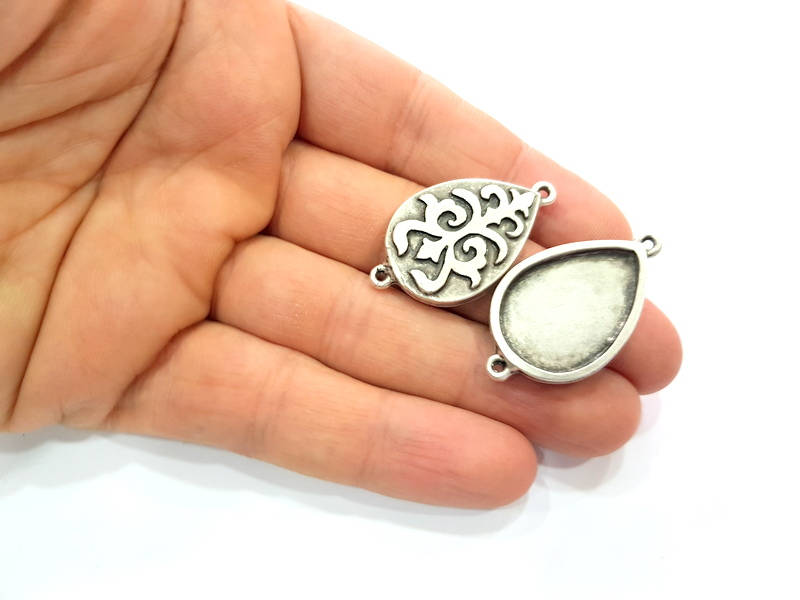 4 Silver Connector Pendant Blank Bezel Base Setting inlay Blank Earring Base Resin Mountings Antique Silver Plated (25x18 mm blank)  G14606