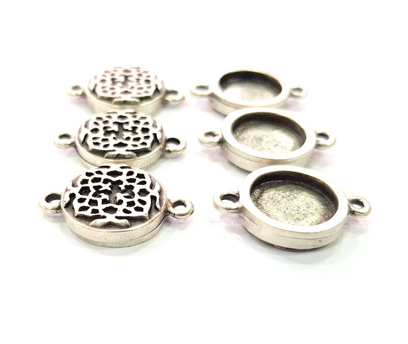 6 Silver Connector Pendant Blank Bezel Base Setting inlay Blank Earring Base Resin Mountings Antique Silver Plated (12 mm blank)  G11979