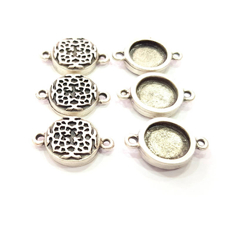 6 Silver Connector Pendant Blank Bezel Base Setting inlay Blank Earring Base Resin Mountings Antique Silver Plated (12 mm blank)  G11979