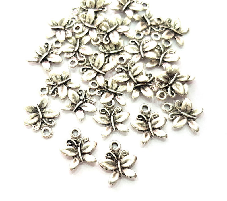 10 Butterfly Charm Silver Charms Antique Silver Plated Metal (14x13mm) G12813