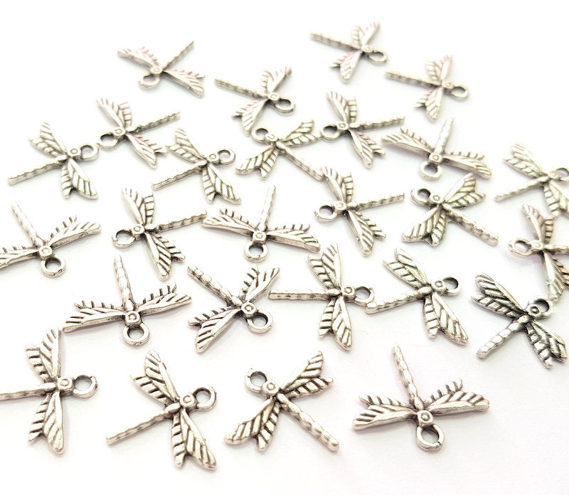 20 Dragonfly Charm Silver Charms Antique Silver Plated Metal (18x15mm) G12817
