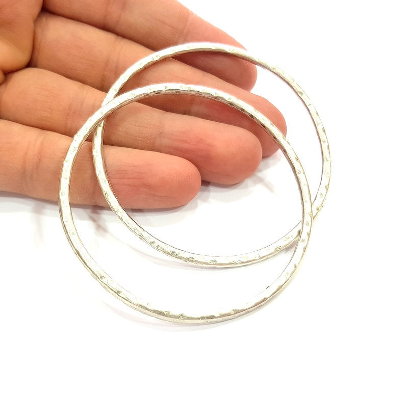 2 Silver Large Hammered Circle Connector Pendant Round Antique Silver Plated (68mm) G12823