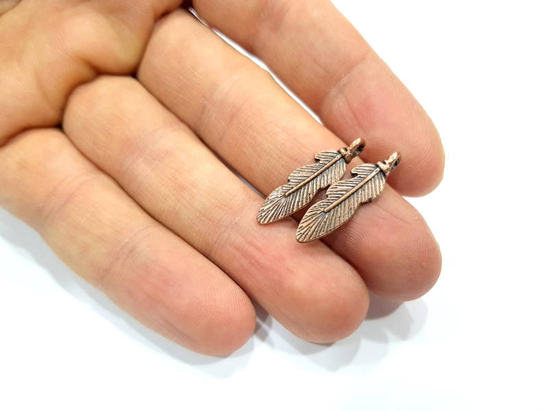 10 Feather Charm Antique Copper Charm Antique Copper Plated Metal (25x7mm) G12077