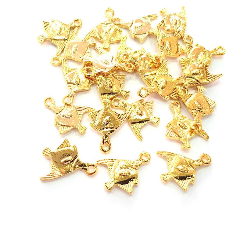 5 Fish Charm Shiny Gold Plated Charm Gold Plated Metal (19x16mm)  G12991