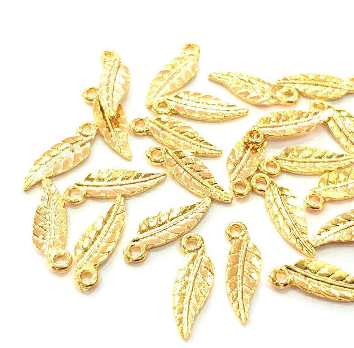 10 Leaf Charm Shiny Gold Plated Charm Gold Plated Metal (18x6mm)  G12992