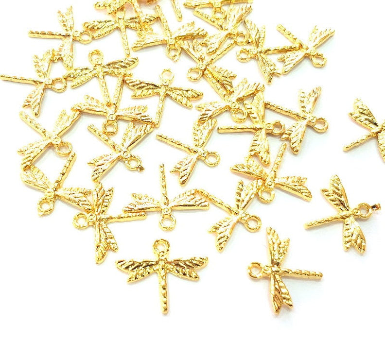 10 Dragonfly Charm Shiny Gold Plated Charm Gold Plated Metal (18x15mm)  G12997