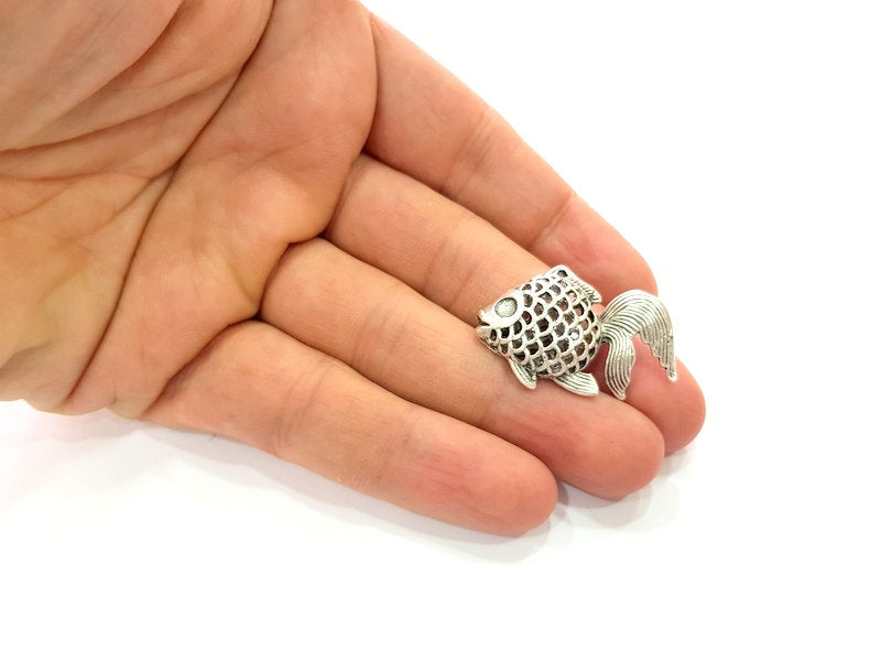 Fish Pendant Silver Charms Antique Silver Plated Brass (34x22mm) G13018