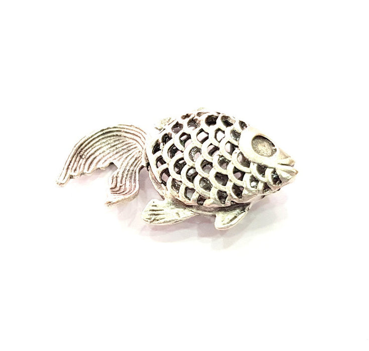 Fish Pendant Silver Charms Antique Silver Plated Brass (34x22mm) G13018