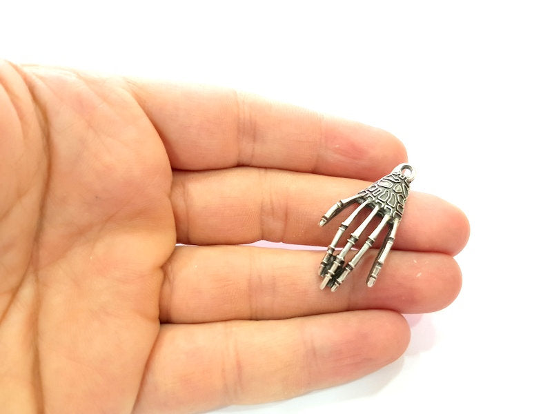 4 Skeleton Hand Charm Silver Charms Antique Silver Plated Metal (41x19mm) G13666