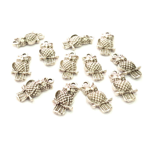 10 Owl Charm Silver Charms Antique Silver Plated Metal (21x11mm) G13375