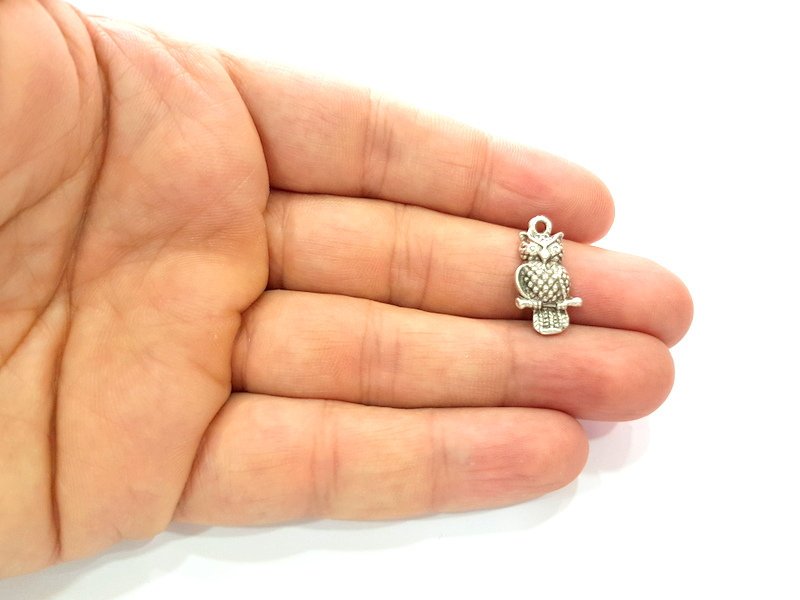 10 Owl Charm Silver Charms Antique Silver Plated Metal (21x11mm) G13375