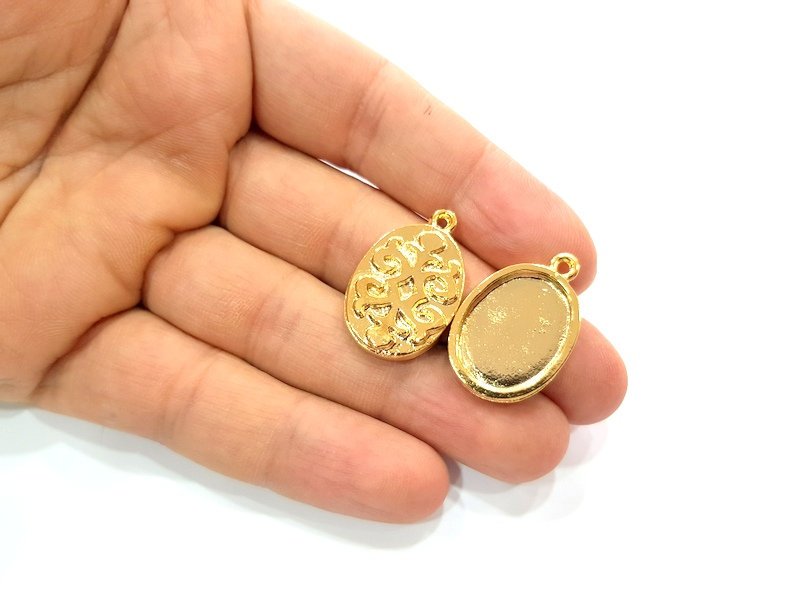 2 Gold Pendant Blank Base Setting Necklace Blank Resin Blank Mountings inlay Blank Shiny Gold Plated Blank ( 20x15 mm blank ) G12166