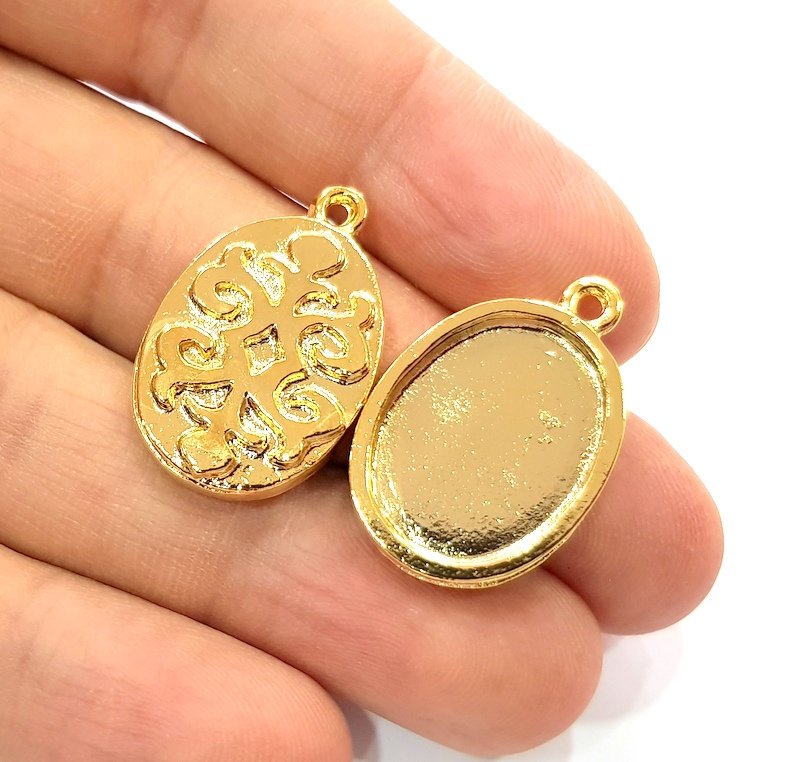 2 Gold Pendant Blank Base Setting Necklace Blank Resin Blank Mountings inlay Blank Shiny Gold Plated Blank ( 20x15 mm blank ) G12166
