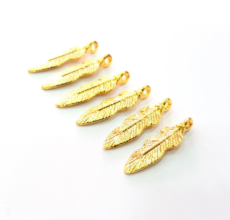 6 Feather Charm Gold Plated Charm Gold Plated Metal (25x7mm)  G12208