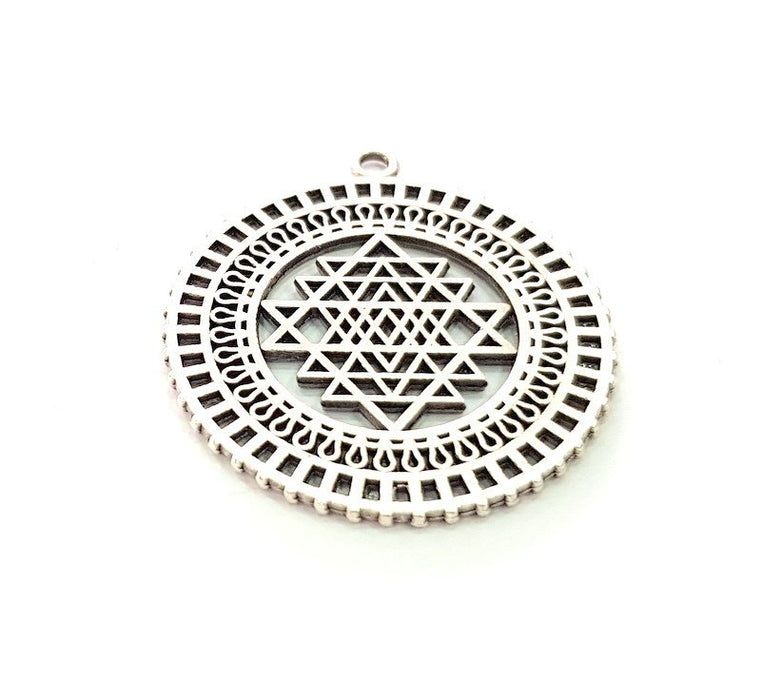 2 Triangle Patterned Circle Charms Antique Silver Plated Metal (36mm) G13529