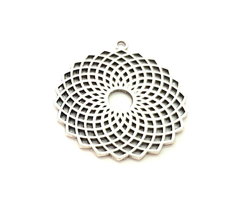 2 Silver Mandala Pendant Antique Silver Plated Metal (38mm)  G14436