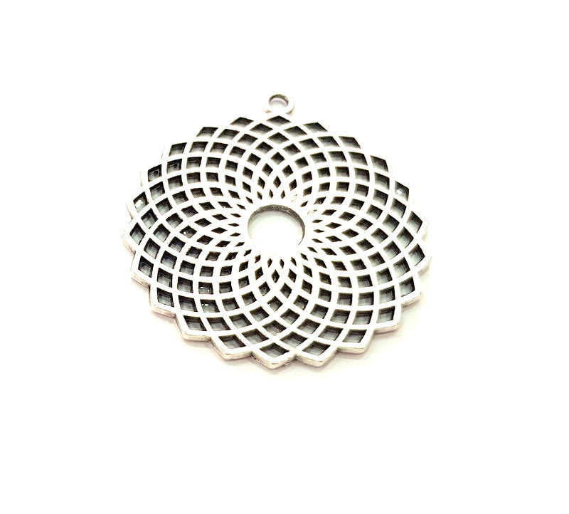 2 Silver Mandala Pendant Antique Silver Plated Metal (38mm) G14436