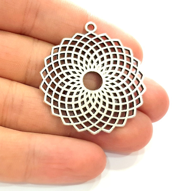 2 Silver Mandala Pendant Antique Silver Plated Metal (38mm)  G14436