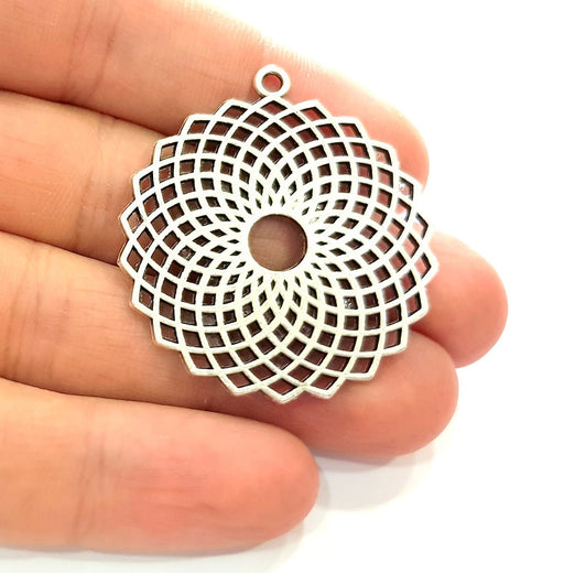 2 Silver Mandala Pendant Antique Silver Plated Metal (38mm)  G14436