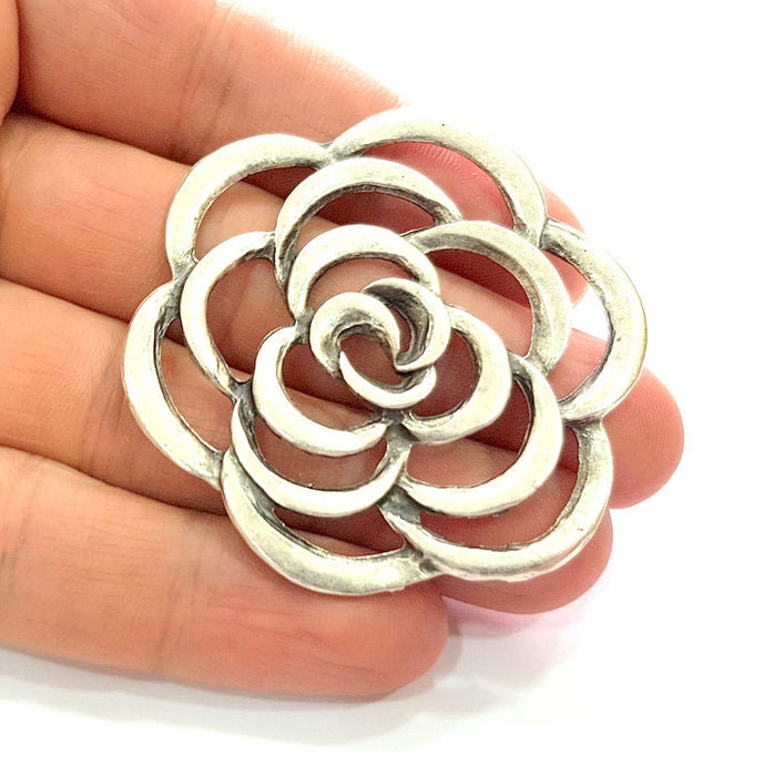 Flower Pendant Silver Pendant Antique Silver Plated Metal (55mm) G13533