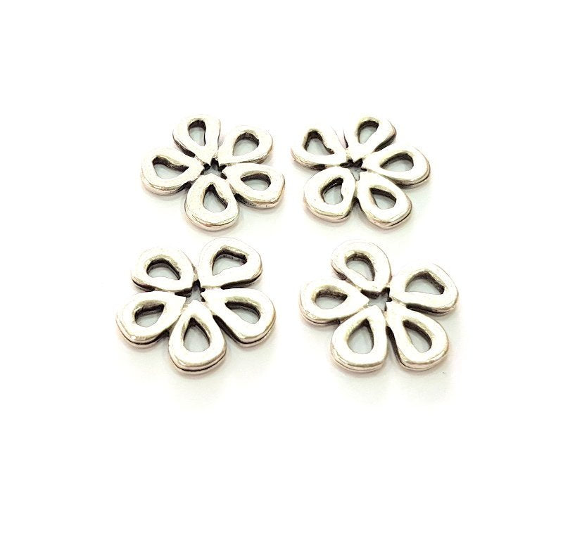 4 Flower Charm Silver Charms Antique Silver Plated Metal (20mm) G14610