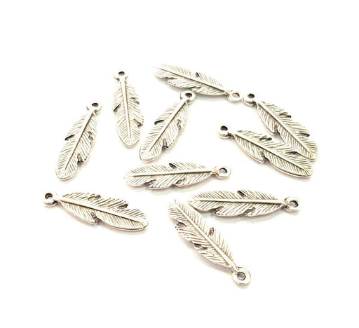 10 Feather Charm Silver Charms Antique Silver Plated Metal (27x8mm) G13549