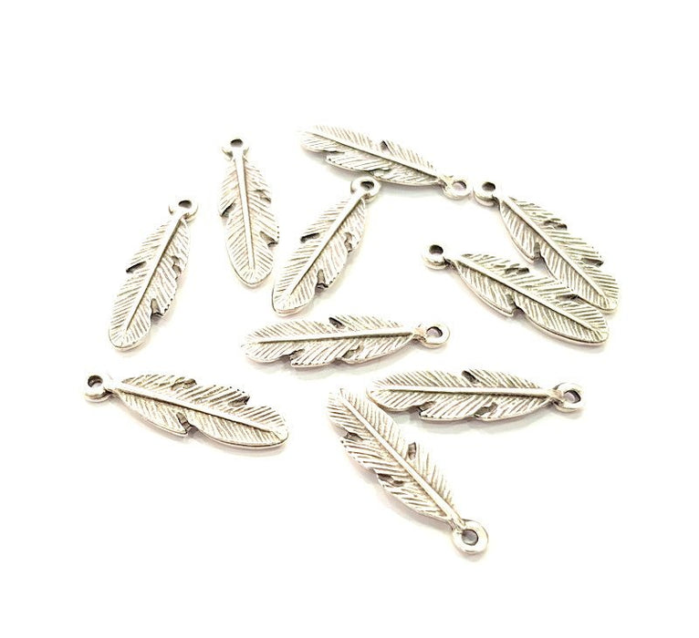 10 Feather Charm Silver Charms Antique Silver Plated Metal (27x8mm) G13549