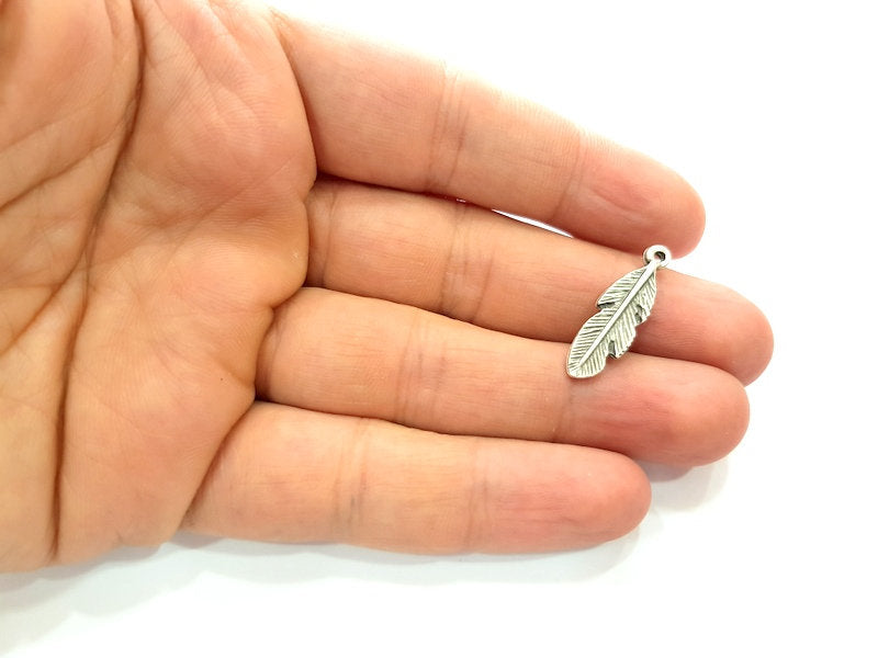 10 Feather Charm Silver Charms Antique Silver Plated Metal (27x8mm) G13549