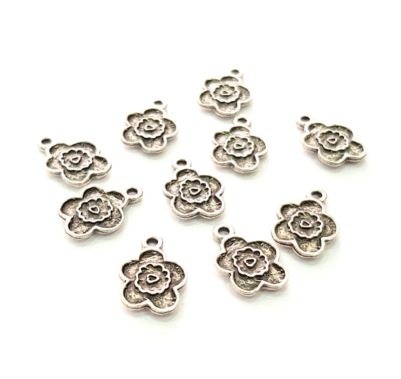 10 Flower Charm Silver Charms Antique Silver Plated Metal (17x12mm) G13553