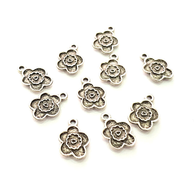 10 Flower Charm Silver Charms Antique Silver Plated Metal (17x12mm) G13553