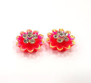 2 Rainbow Red Flower Cameo Cabochon 15mm  G12257