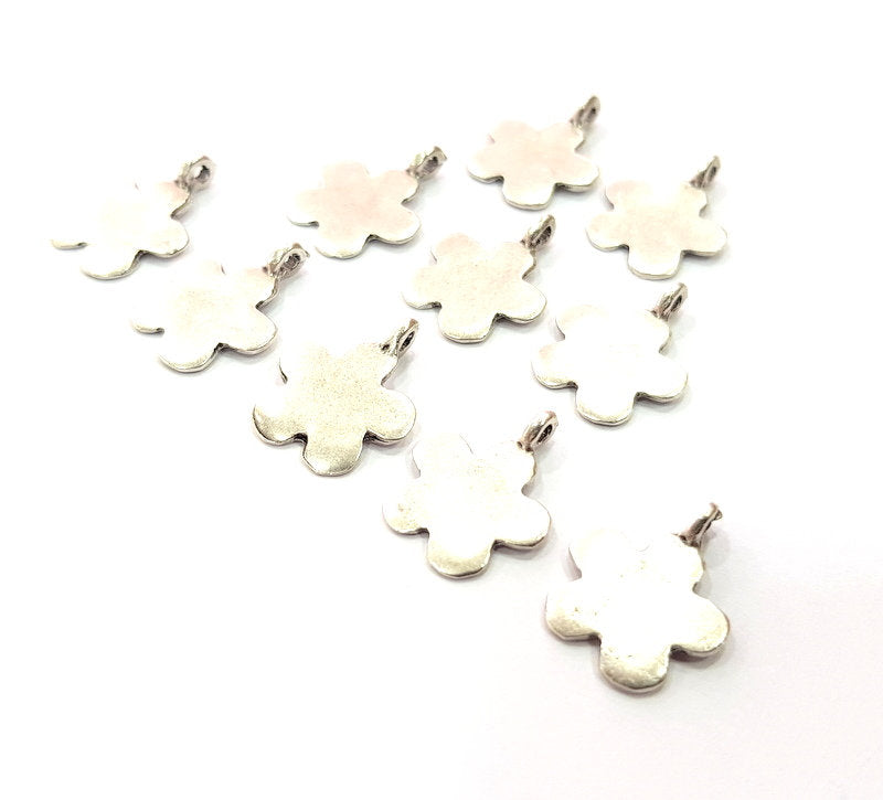 10 Flower Charm Silver Charms Antique Silver Plated Metal (18x13mm) G12305
