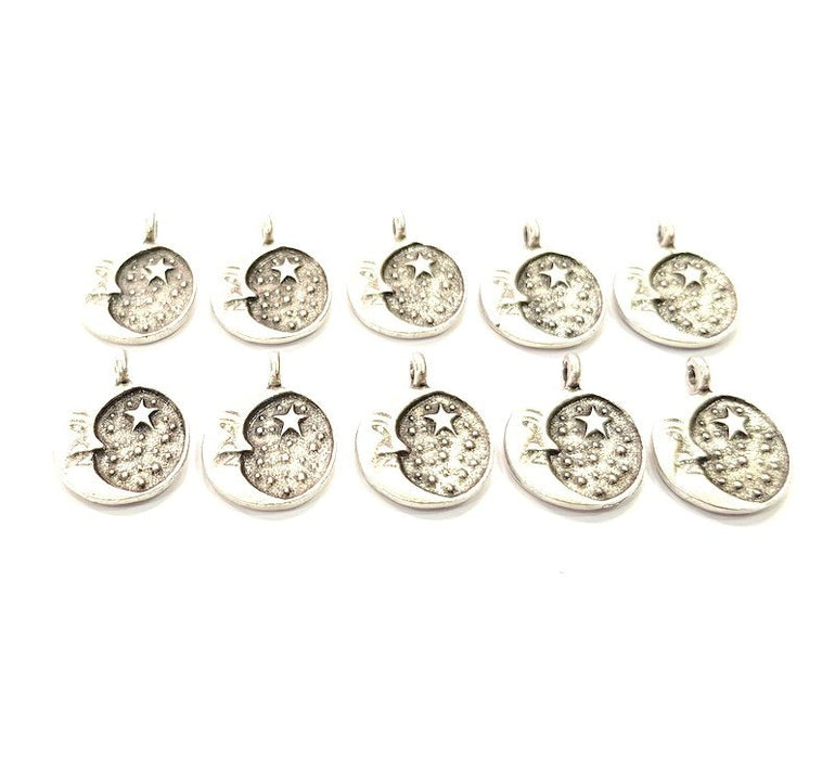 10 Moon Charm Silver Charms Antique Silver Plated Metal (13mm) G12307