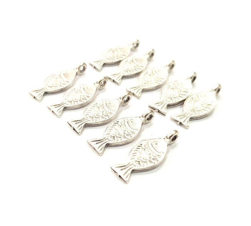 10 Fish Charm Silver Charms Antique Silver Plated Metal (21x8mm) G12315